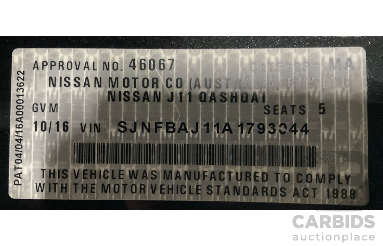 10/2016 Nissan Qashqai ST (FWD) J11 4d Wagon Pearl Black Metallic 2.0L