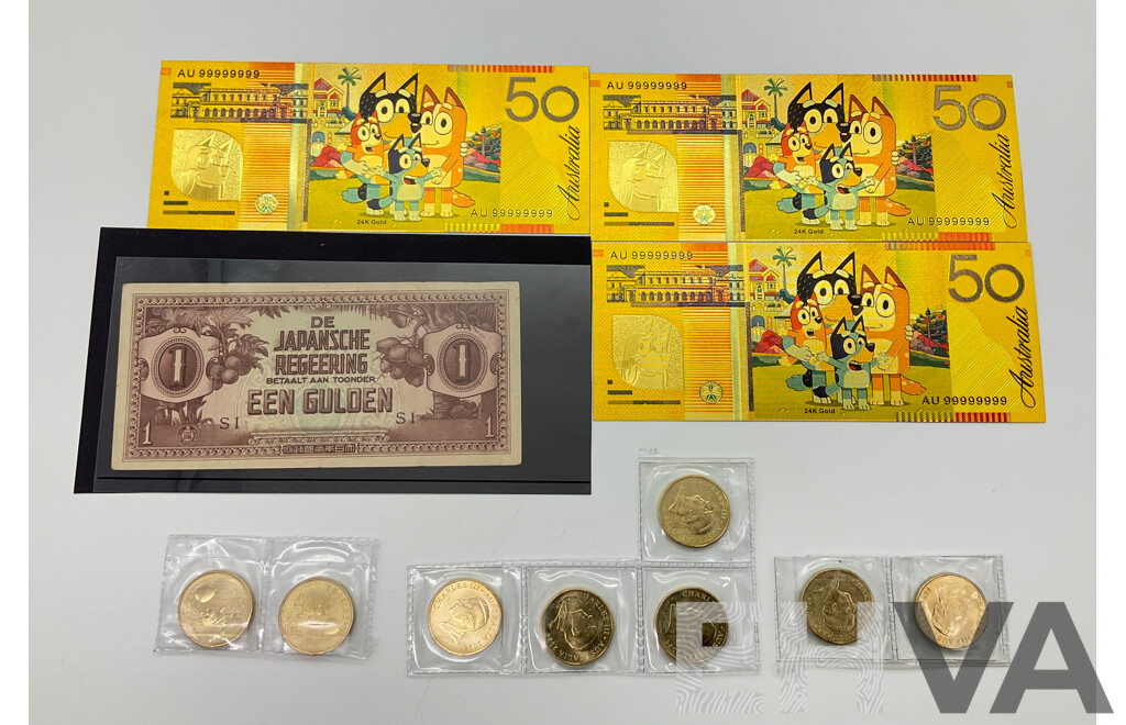 Eight Australian 2024 Commemorative One Dollar Coins, Bluey Bucks, Three Novelty Fifty Dollar Bluey Notes and Japanese WW2 One Gulden Note