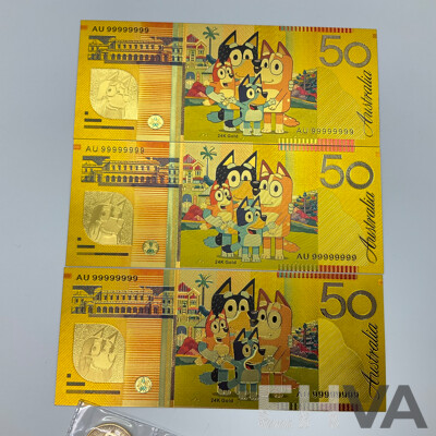 Eight Australian 2024 Commemorative One Dollar Coins, Bluey Bucks, Three Novelty Fifty Dollar Bluey Notes and Japanese WW2 One Gulden Note