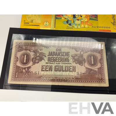 Eight Australian 2024 Commemorative One Dollar Coins, Bluey Bucks, Three Novelty Fifty Dollar Bluey Notes and Japanese WW2 One Gulden Note