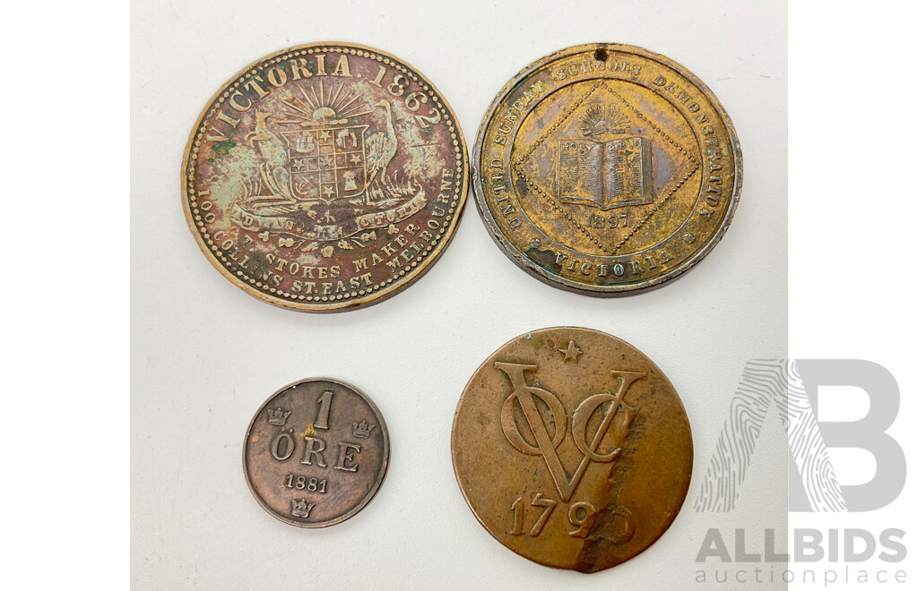 Australian 1862 T. Stokes One Penny Medallion, 1897 Queen Victoria Diamond Jubilee Medallion, Netherland East Indies190 One Duit, Sweden 1881 One Ore