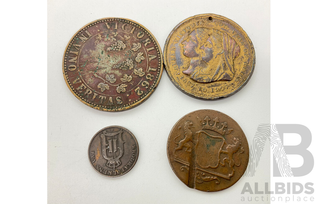 Australian 1862 T. Stokes One Penny Medallion, 1897 Queen Victoria Diamond Jubilee Medallion, Netherland East Indies190 One Duit, Sweden 1881 One Ore
