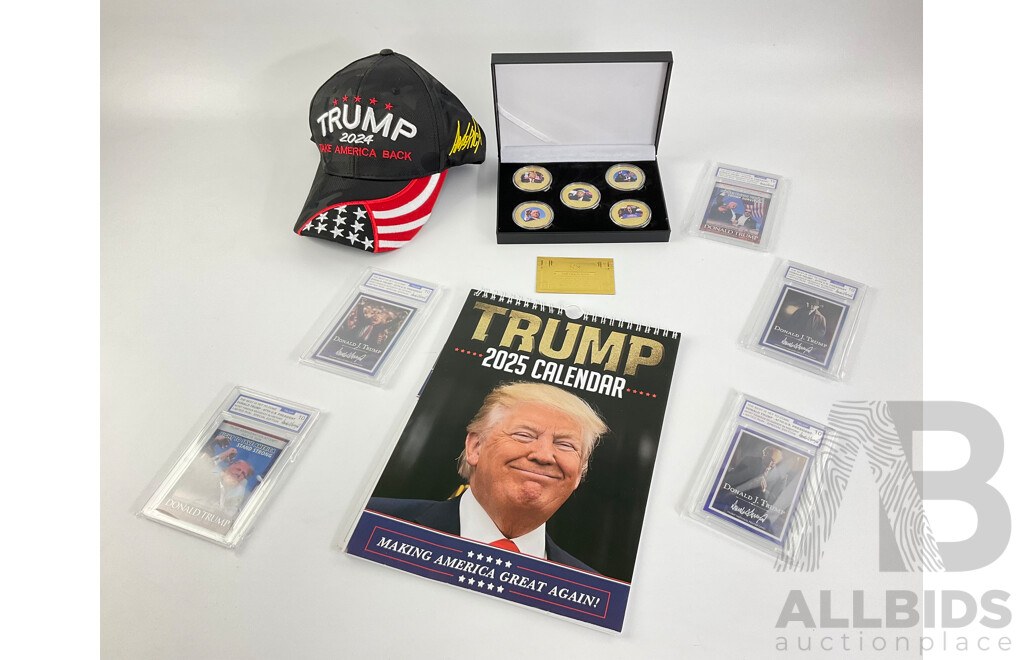 Collection of Donald J. Trump Memorabilia Including Gold Plate Coin Set, Collector Cards, Cap, Cup and Calendar