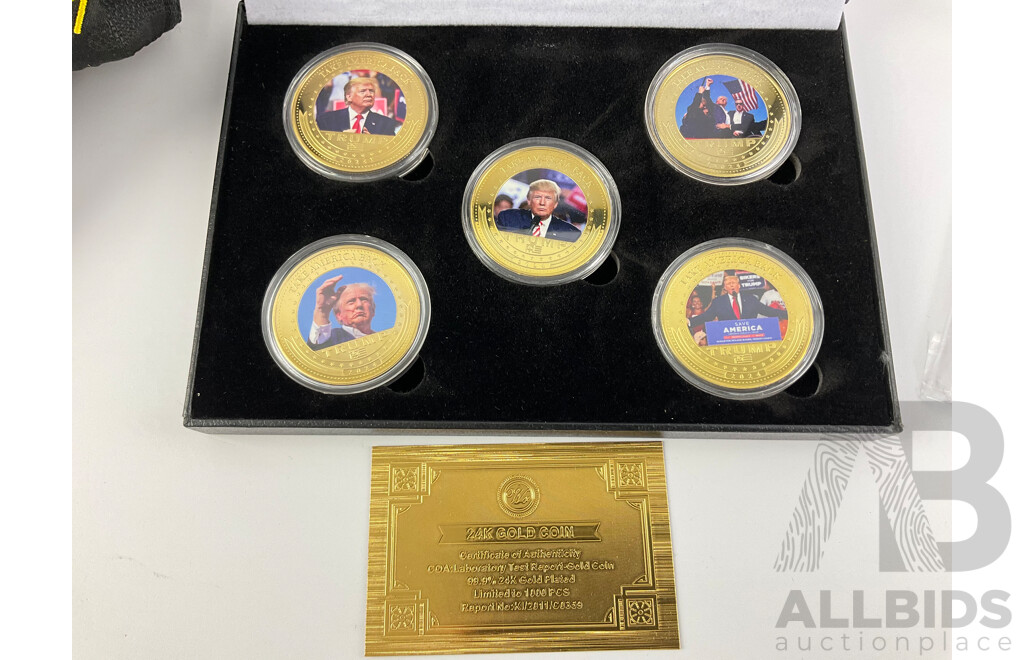 Collection of Donald J. Trump Memorabilia Including Gold Plate Coin Set, Collector Cards, Cap, Cup and Calendar