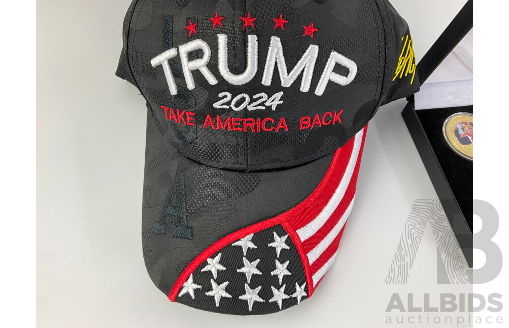 Collection of Donald J. Trump Memorabilia Including Gold Plate Coin Set, Collector Cards, Cap, Cup and Calendar