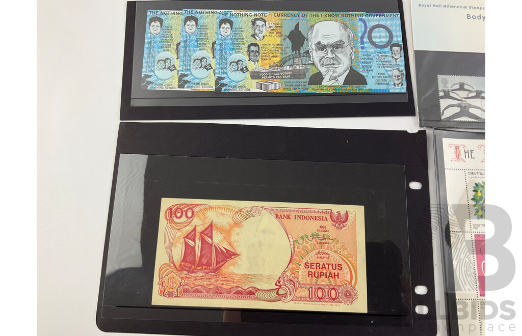 Christmas Island 1977 Christmas Stamp Sheet, Vatican City 1969 First Day Cover, UK 2000 Body and Bone Stamps, Indonesia One Hundred Rupiah Note, Four Australian Nothing Notes