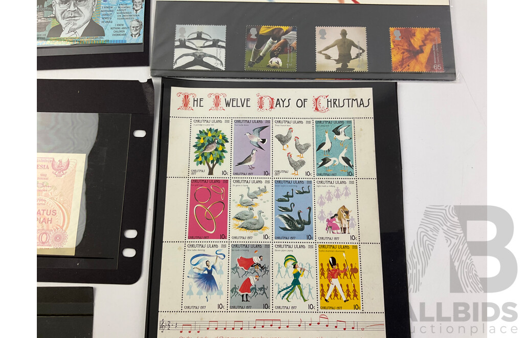 Christmas Island 1977 Christmas Stamp Sheet, Vatican City 1969 First Day Cover, UK 2000 Body and Bone Stamps, Indonesia One Hundred Rupiah Note, Four Australian Nothing Notes