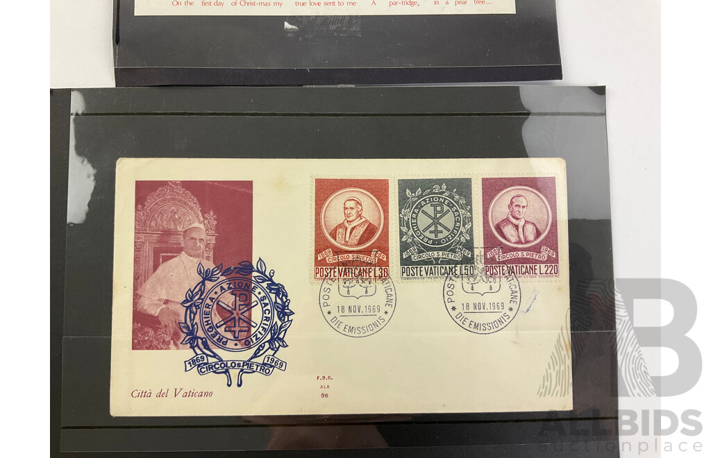 Christmas Island 1977 Christmas Stamp Sheet, Vatican City 1969 First Day Cover, UK 2000 Body and Bone Stamps, Indonesia One Hundred Rupiah Note, Four Australian Nothing Notes