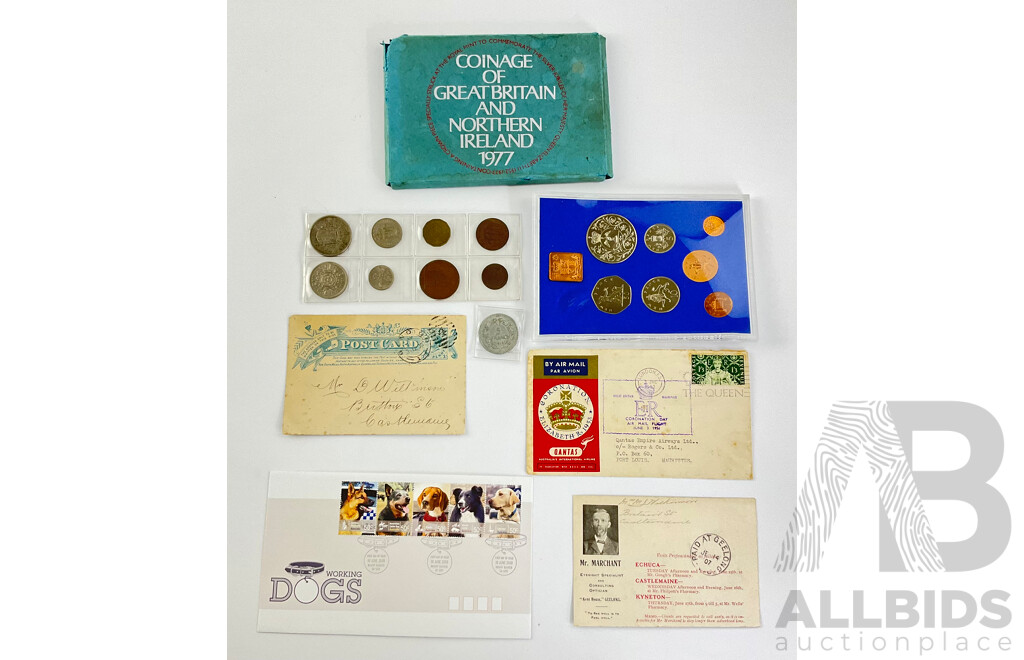 Collection of 1950's, 60's United Kingdom Coins, 1977 Coin Set, France 1946 Five Francs, 1900 Postcard, 1953 Qantas QE2 Coronation FDC