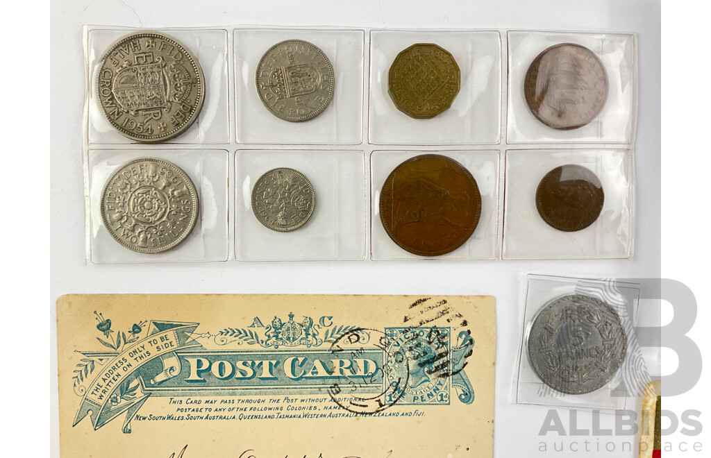 Collection of 1950's, 60's United Kingdom Coins, 1977 Coin Set, France 1946 Five Francs, 1900 Postcard, 1953 Qantas QE2 Coronation FDC
