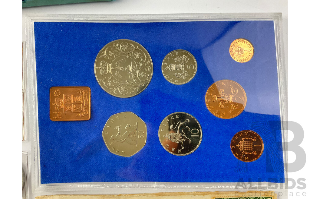 Collection of 1950's, 60's United Kingdom Coins, 1977 Coin Set, France 1946 Five Francs, 1900 Postcard, 1953 Qantas QE2 Coronation FDC