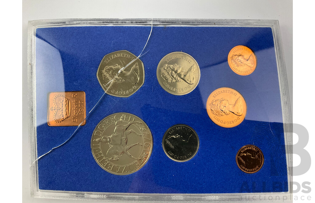 Collection of 1950's, 60's United Kingdom Coins, 1977 Coin Set, France 1946 Five Francs, 1900 Postcard, 1953 Qantas QE2 Coronation FDC