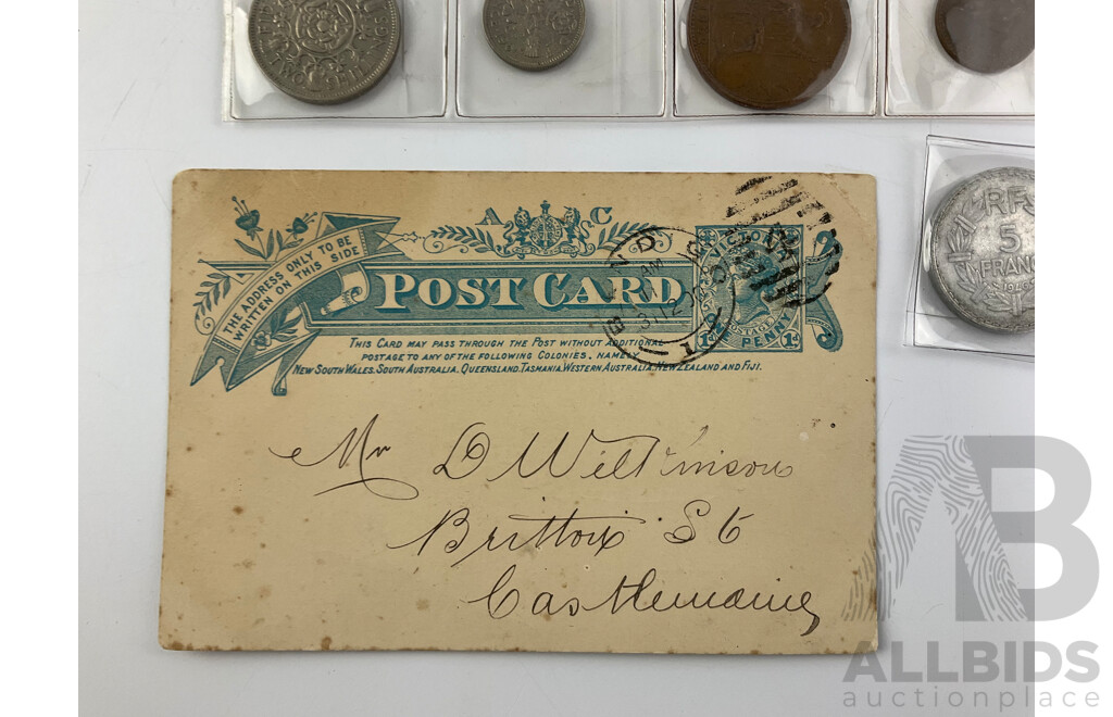 Collection of 1950's, 60's United Kingdom Coins, 1977 Coin Set, France 1946 Five Francs, 1900 Postcard, 1953 Qantas QE2 Coronation FDC