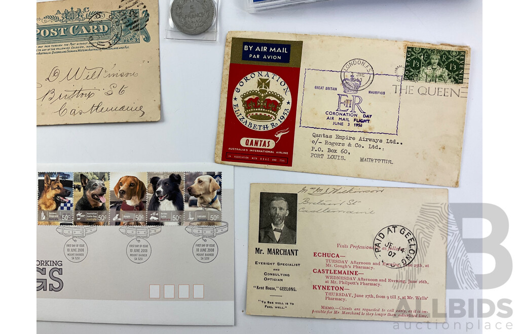Collection of 1950's, 60's United Kingdom Coins, 1977 Coin Set, France 1946 Five Francs, 1900 Postcard, 1953 Qantas QE2 Coronation FDC