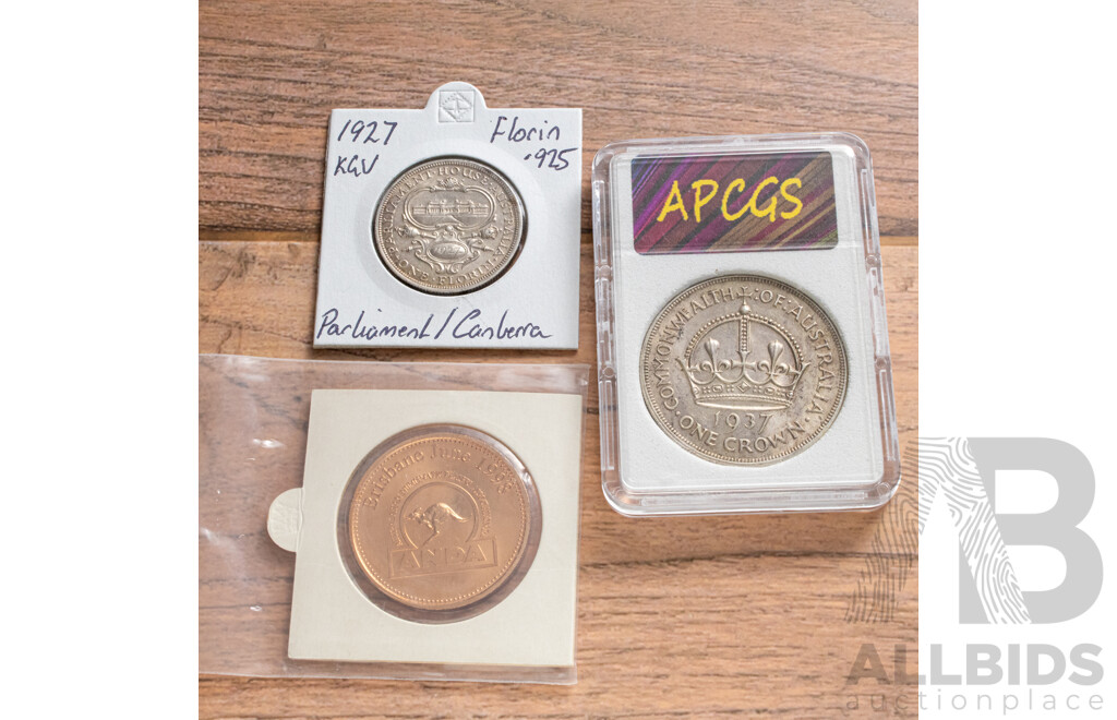 Australian 1937 Silver One Crown, 1927 Silver Commemorative Florin and ANDA 1998 Diamond Jubilee Crown