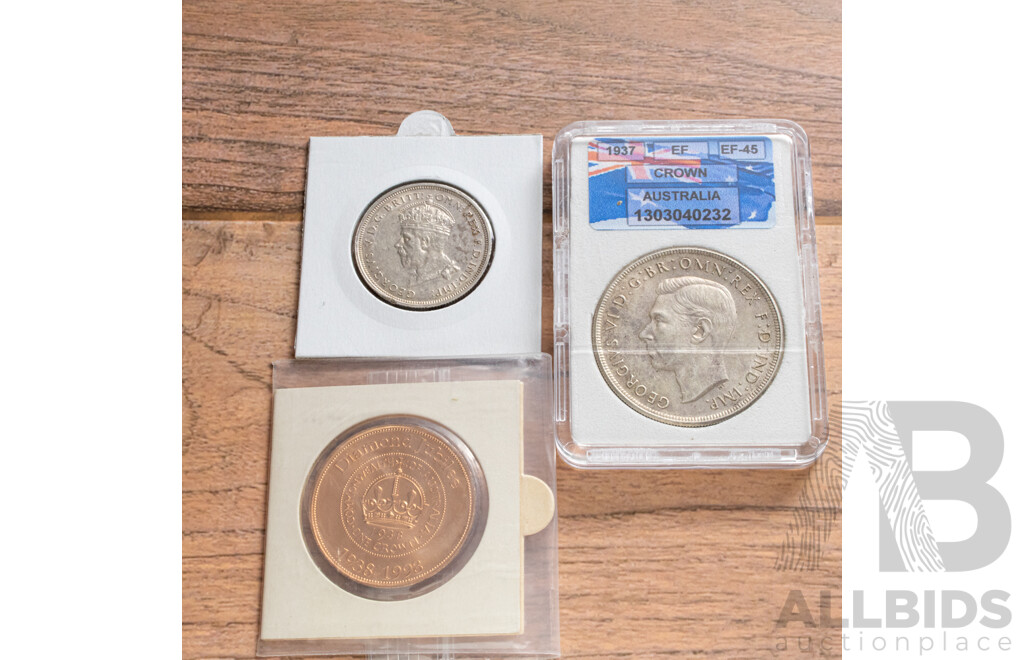 Australian 1937 Silver One Crown, 1927 Silver Commemorative Florin and ANDA 1998 Diamond Jubilee Crown