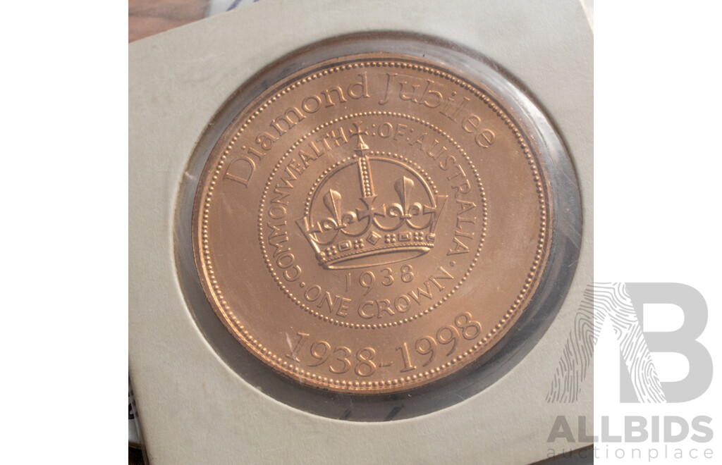 Australian 1937 Silver One Crown, 1927 Silver Commemorative Florin and ANDA 1998 Diamond Jubilee Crown