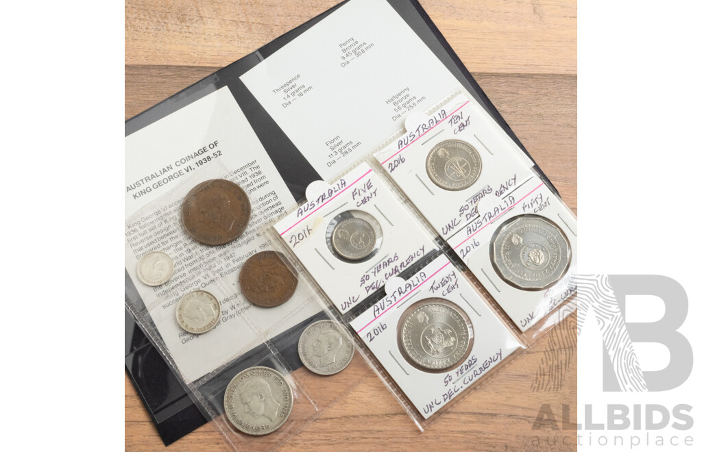 Australian 2016 Five, Ten, Twenty, Fifty Cent Fifty Years of Decimal Currency, 1942 KGVI Coin Set