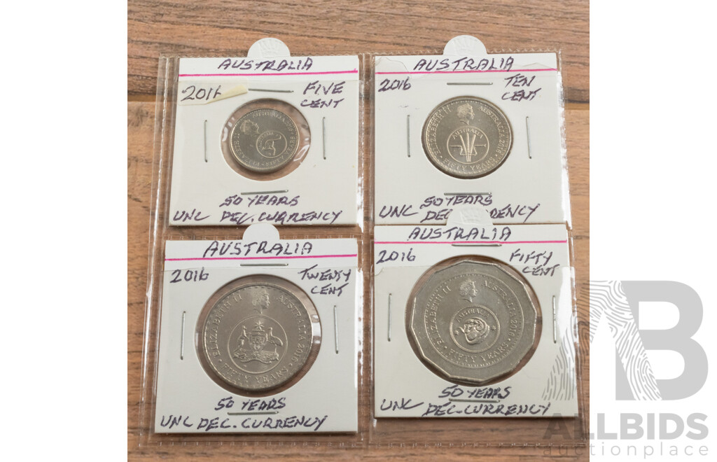 Australian 2016 Five, Ten, Twenty, Fifty Cent Fifty Years of Decimal Currency, 1942 KGVI Coin Set