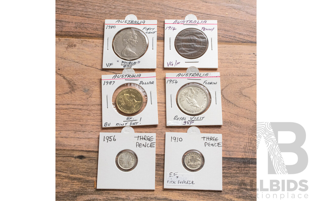 Australian 1954 Commemorative Silver Florin, 1910, 1956 Threepence, 1914 Penny, 1980 Fifty Cent Double Bar, 1987 UNC One Dollar