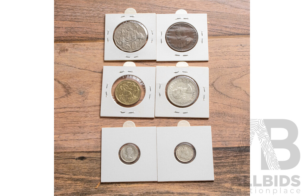 Australian 1954 Commemorative Silver Florin, 1910, 1956 Threepence, 1914 Penny, 1980 Fifty Cent Double Bar, 1987 UNC One Dollar