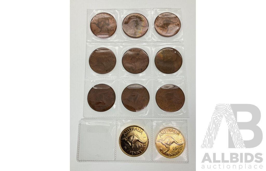 Nine Australian 1964 Pennies with Gold Tone 1942, 1943 Pennies