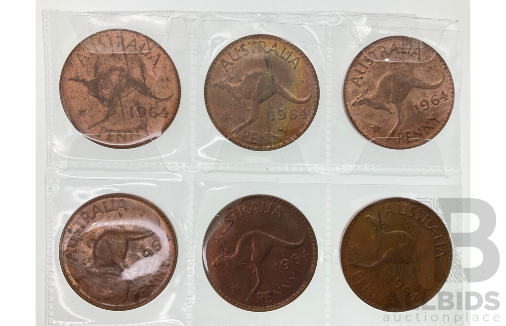 Nine Australian 1964 Pennies with Gold Tone 1942, 1943 Pennies