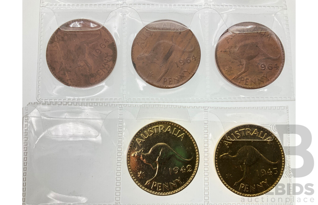 Nine Australian 1964 Pennies with Gold Tone 1942, 1943 Pennies