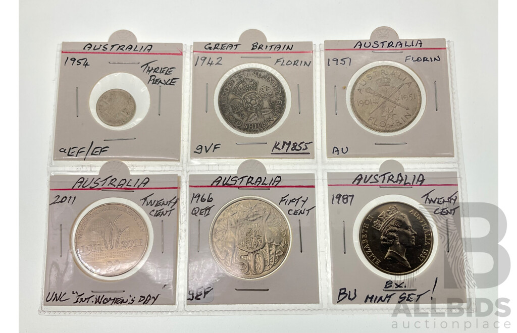 Australian 1951 Silver Commemorative Florin, 1954 Silver Threepence, 1966 Round Silver Fifty Cent, 2011 Twenty Cent International Women's Day, UK 1942 Silver Florin