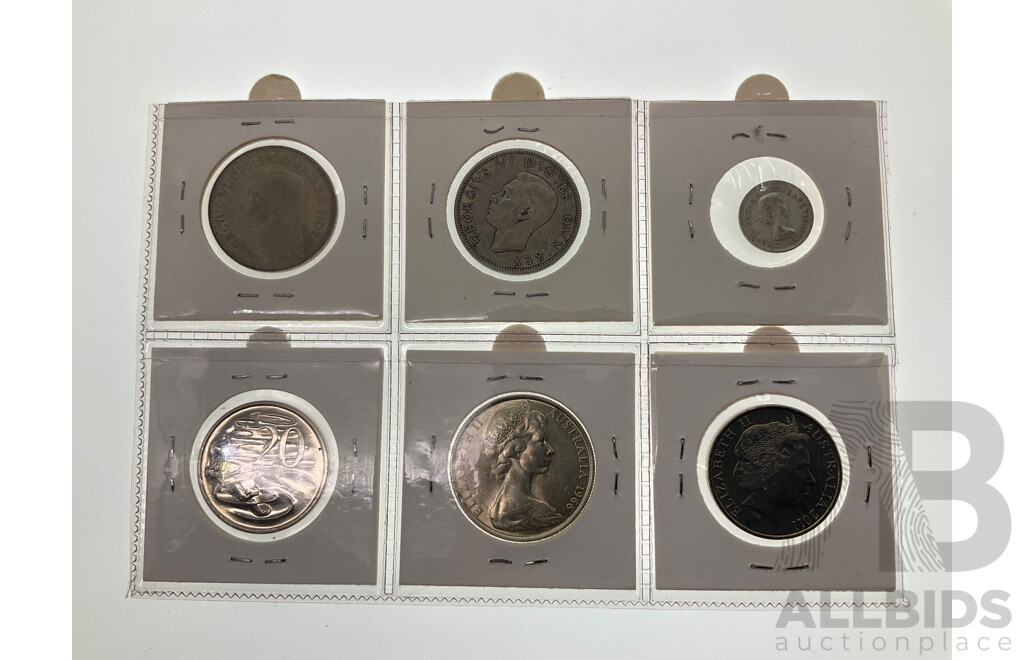 Australian 1951 Silver Commemorative Florin, 1954 Silver Threepence, 1966 Round Silver Fifty Cent, 2011 Twenty Cent International Women's Day, UK 1942 Silver Florin