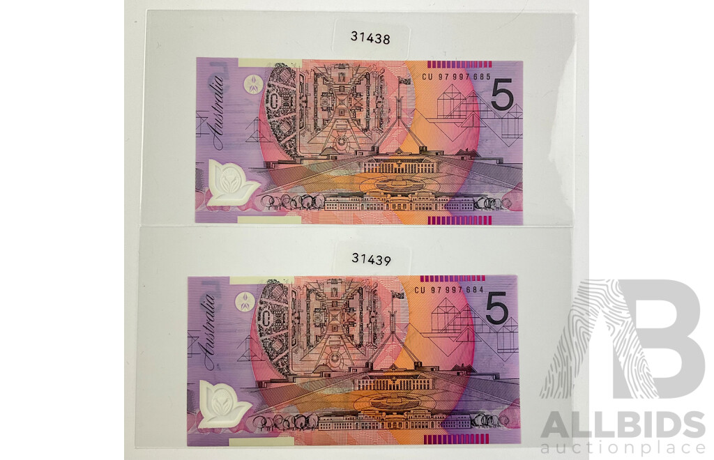 Two Australian 1997 Five Dollar Test Notes, Macfarlane/Evans Consecutive CU97997684 -  CU97997685