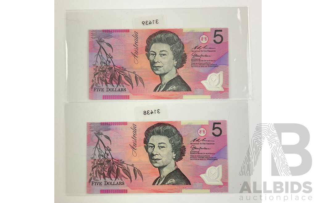 Two Australian 1997 Five Dollar Test Notes, Macfarlane/Evans Consecutive CU97997684 -  CU97997685