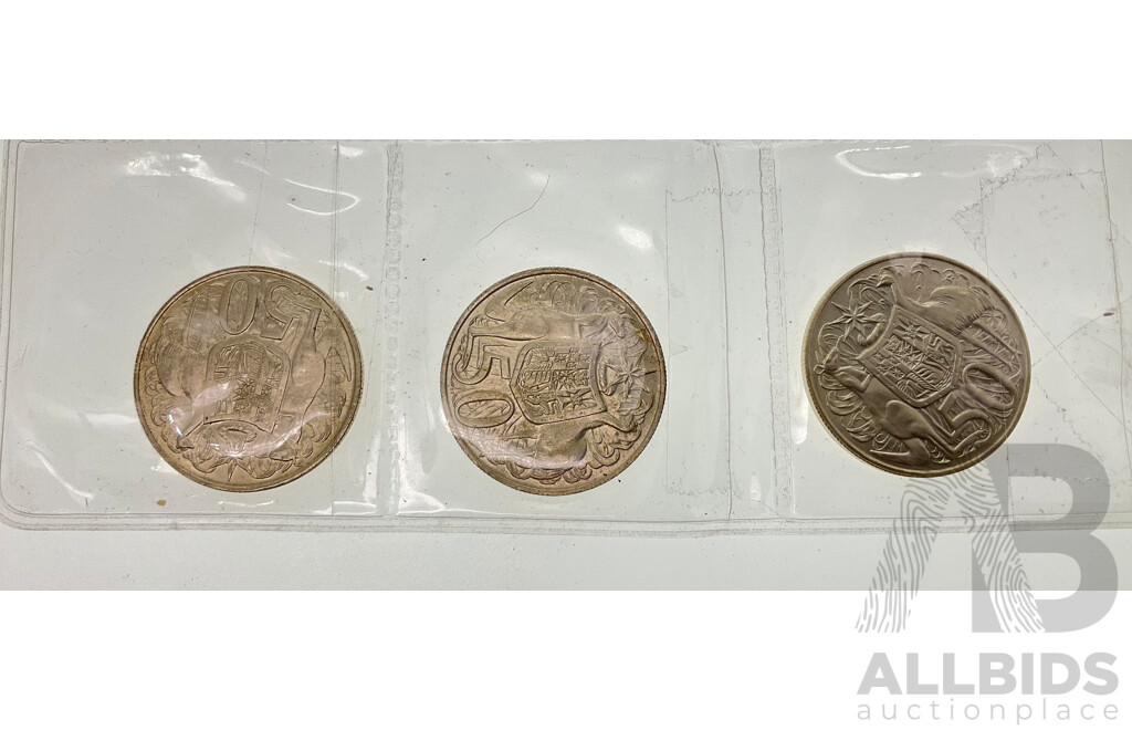 Three Australian 1966 Silver Round Fifty Cent Coins, A/UNC .800