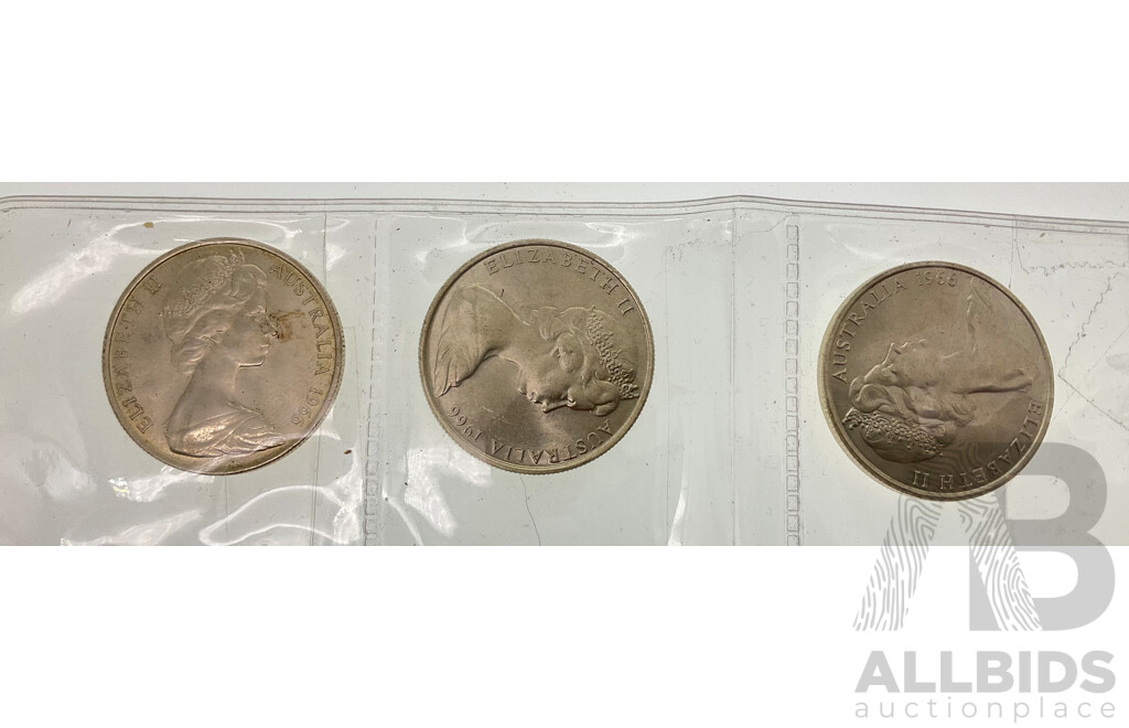 Three Australian 1966 Silver Round Fifty Cent Coins, A/UNC .800