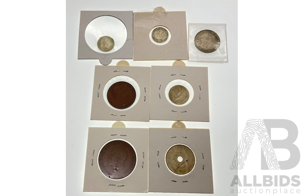 Two Australian 1961 Silver Threepence, 1954 Shilling, 1935 Penny, New Guinea 1945 Shilling, France 1917 Fifty Centimes, UK 1930 Penny