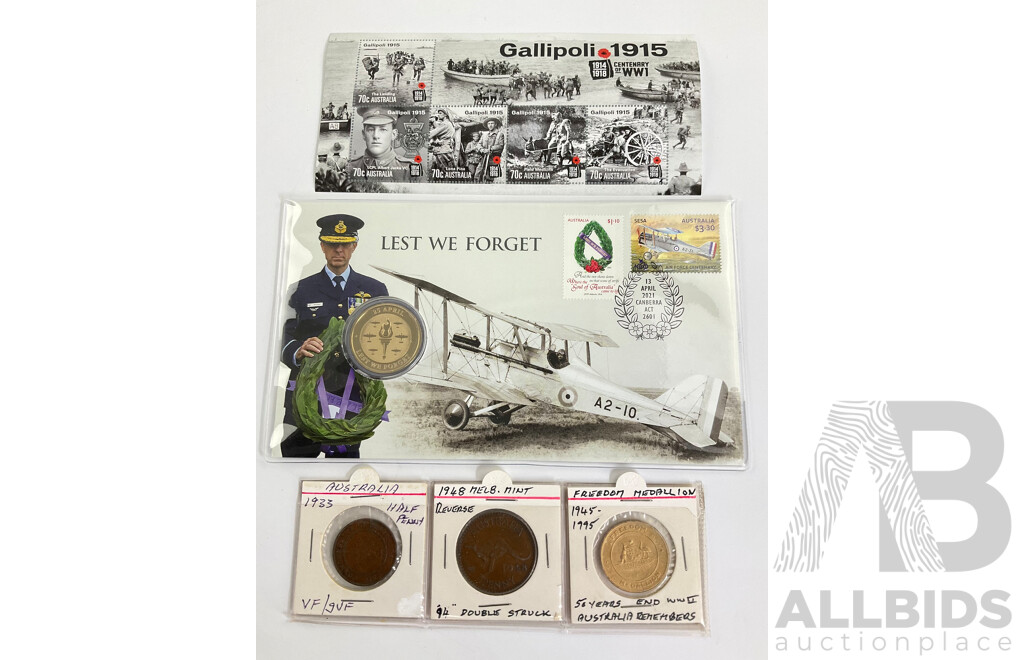 Australian 1948 Double Struck Penny, 1933 Half Penny, 1995 Freedom Medallion, 2021 Lest We Forget PNC, Centenary WW1 Mini Stamp Sheet