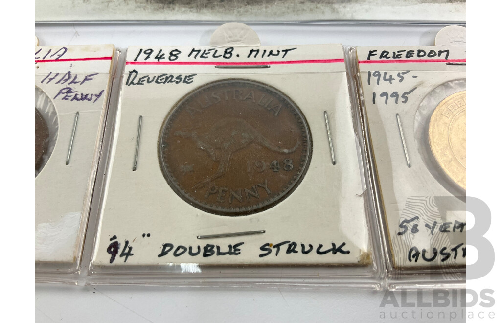 Australian 1948 Double Struck Penny, 1933 Half Penny, 1995 Freedom Medallion, 2021 Lest We Forget PNC, Centenary WW1 Mini Stamp Sheet