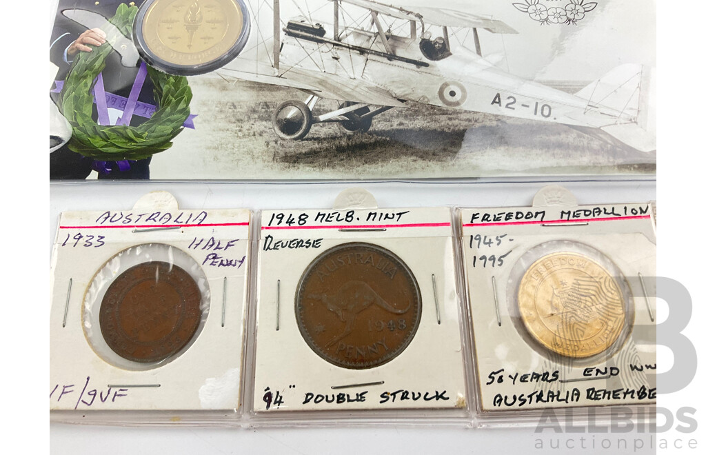 Australian 1948 Double Struck Penny, 1933 Half Penny, 1995 Freedom Medallion, 2021 Lest We Forget PNC, Centenary WW1 Mini Stamp Sheet