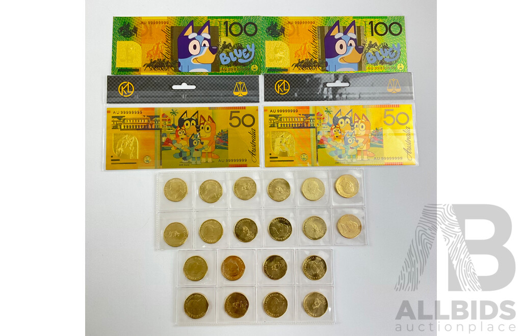 Twenty Australian 2024 One Dollar Coins, 'Bluey Bucks' with Novelty Bluey Fifty and One Hundred Dollar Notes