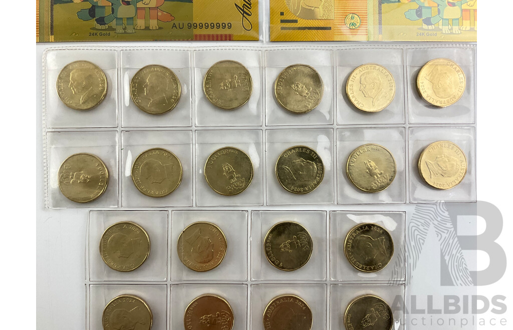 Twenty Australian 2024 One Dollar Coins, 'Bluey Bucks' with Novelty Bluey Fifty and One Hundred Dollar Notes
