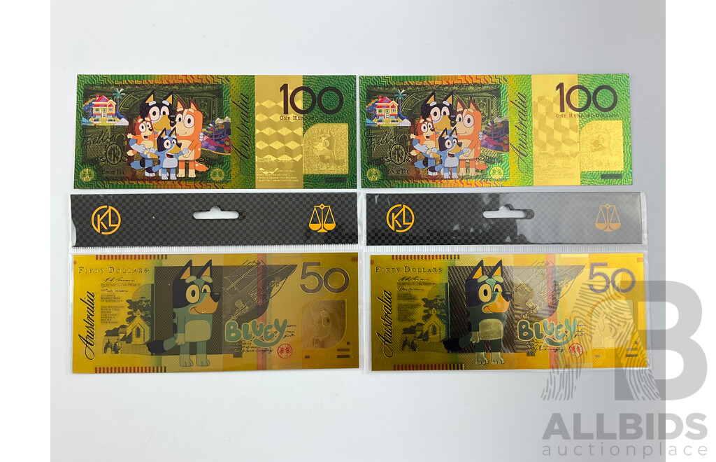 Twenty Australian 2024 One Dollar Coins, 'Bluey Bucks' with Novelty Bluey Fifty and One Hundred Dollar Notes
