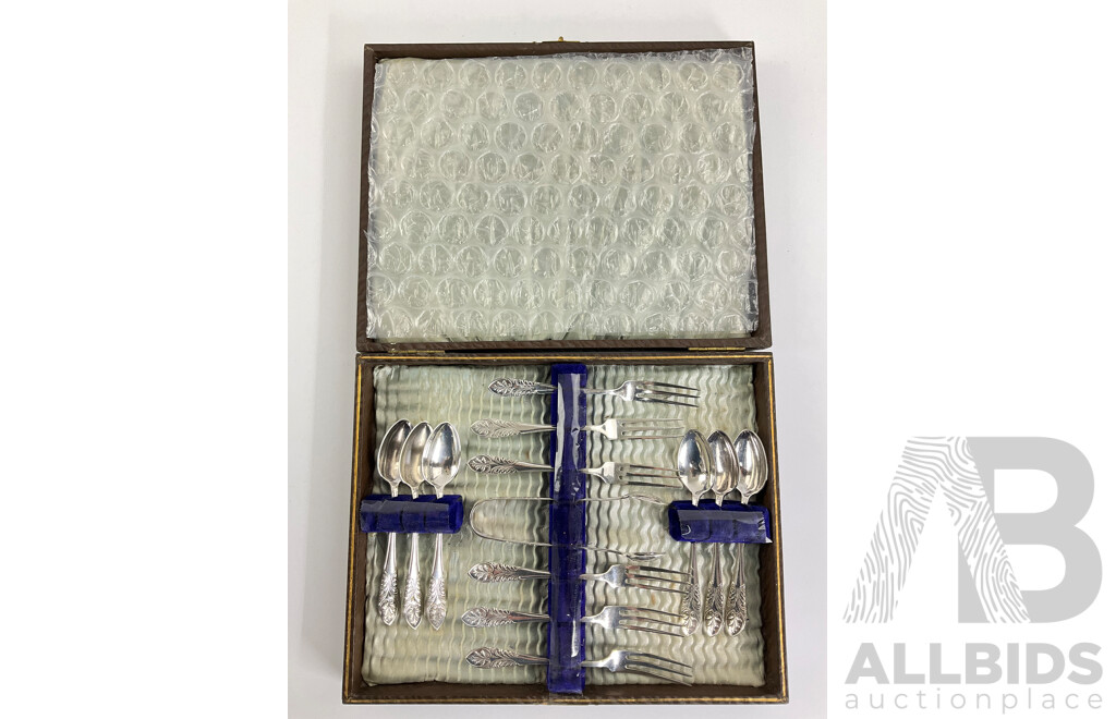 Boxed Petite Silver Plate Teaspoon, Sugar Tongs, Cake Fork Set