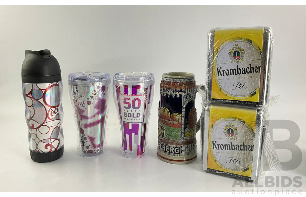 Vintage Heidelberg Ceramic Beer Stein, Two Krombacher Serviette Dispensers, Three Royal Caribbean Coca Cola Cups