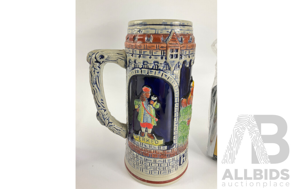 Vintage Heidelberg Ceramic Beer Stein, Two Krombacher Serviette Dispensers, Three Royal Caribbean Coca Cola Cups