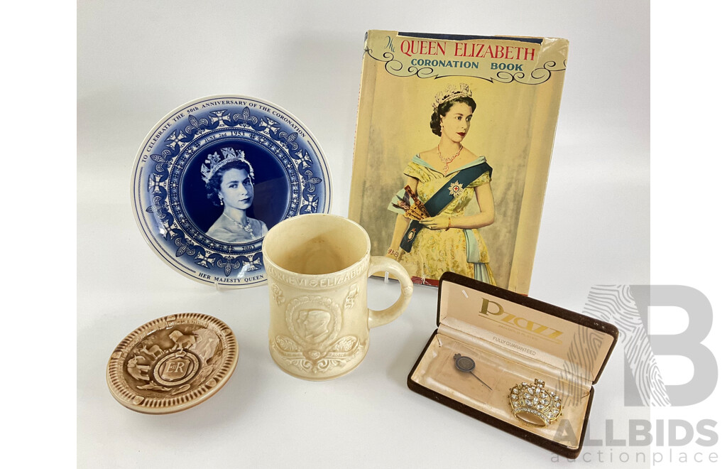 Collection of British Royals Memorabilia Including 1937 King George Sixth Coronation Mug, Wedgwood Queen Elizabeth II 50th Anniversary Coronation Plate, 1953 Wade Coronation Dish, Coronation Pin, Book and Crown Broach
