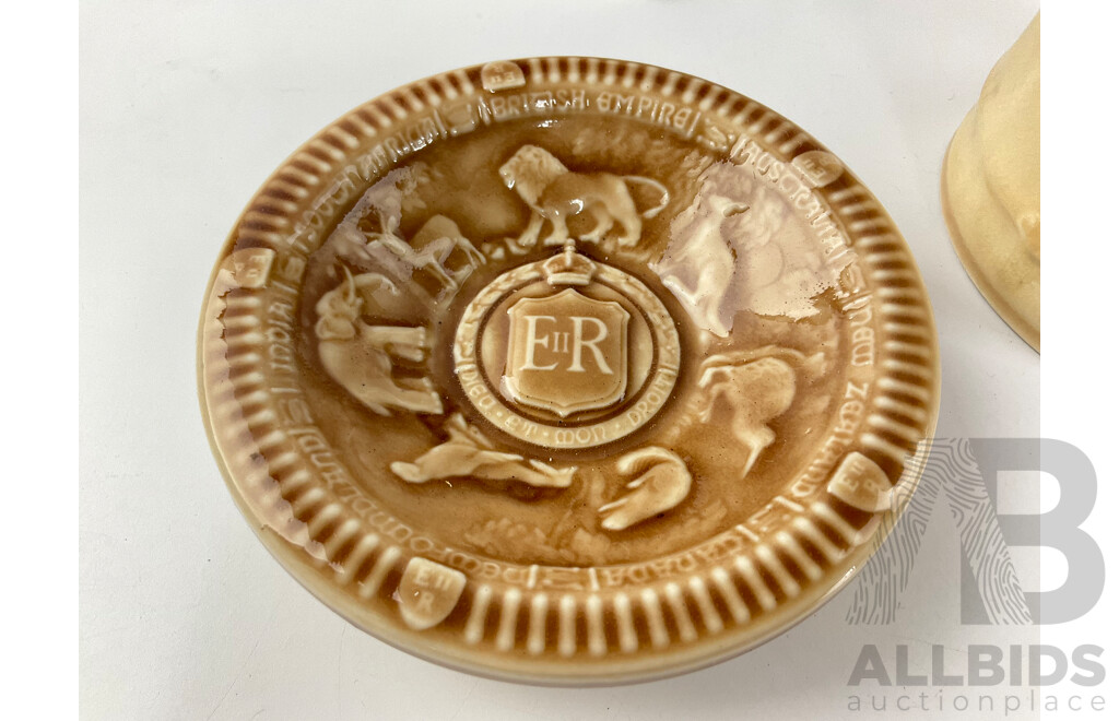 Collection of British Royals Memorabilia Including 1937 King George Sixth Coronation Mug, Wedgwood Queen Elizabeth II 50th Anniversary Coronation Plate, 1953 Wade Coronation Dish, Coronation Pin, Book and Crown Broach