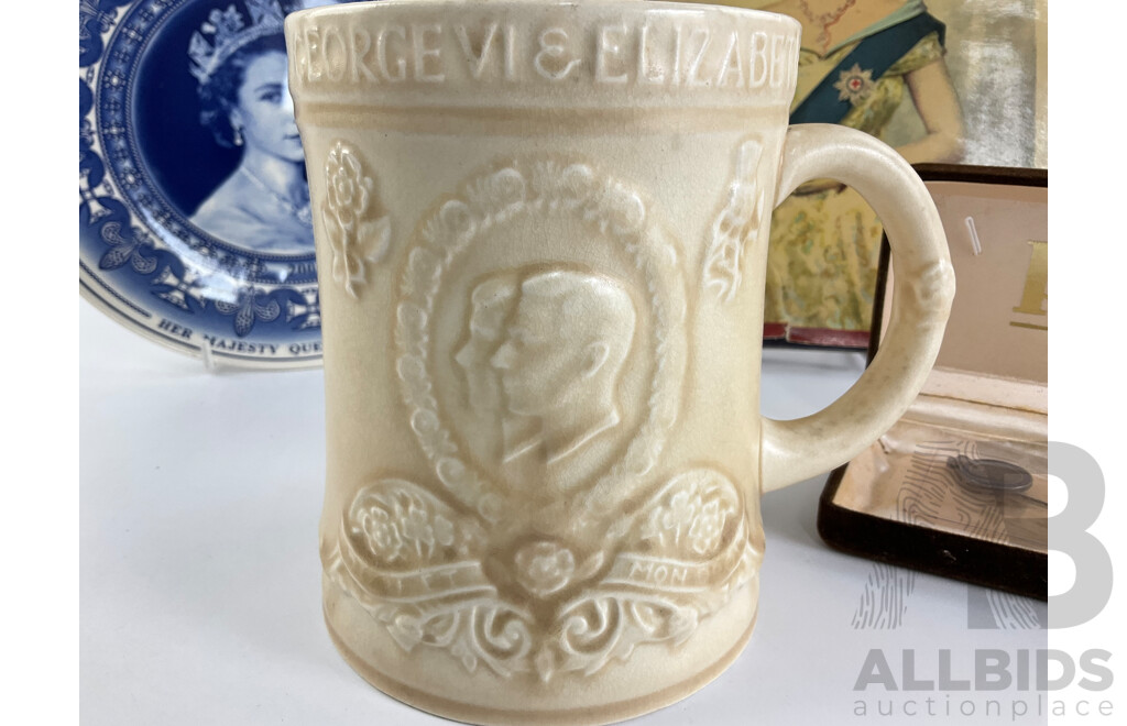 Collection of British Royals Memorabilia Including 1937 King George Sixth Coronation Mug, Wedgwood Queen Elizabeth II 50th Anniversary Coronation Plate, 1953 Wade Coronation Dish, Coronation Pin, Book and Crown Broach