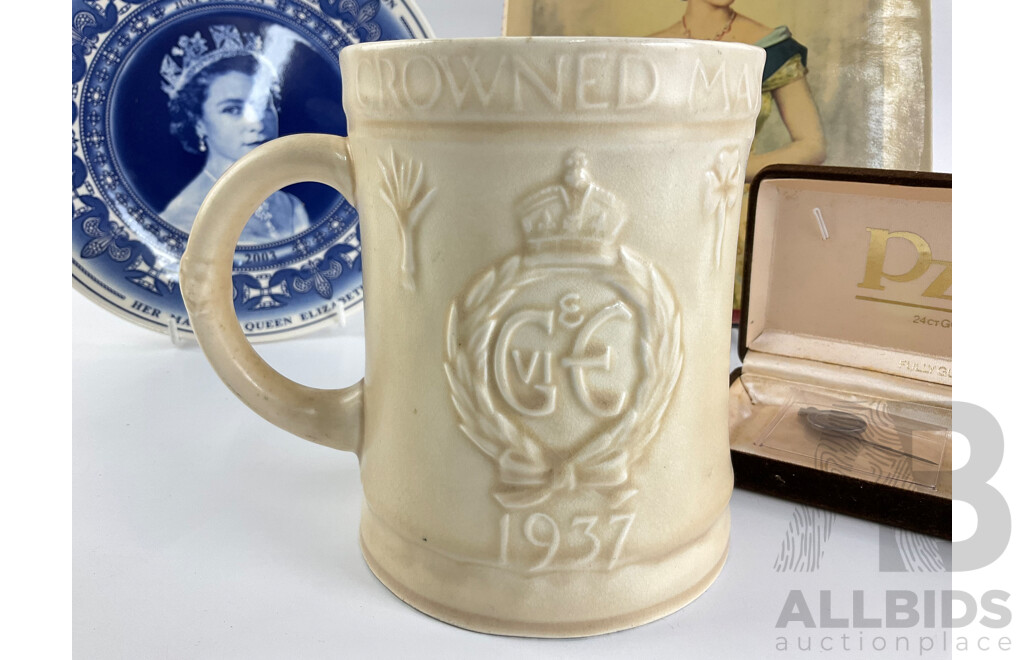 Collection of British Royals Memorabilia Including 1937 King George Sixth Coronation Mug, Wedgwood Queen Elizabeth II 50th Anniversary Coronation Plate, 1953 Wade Coronation Dish, Coronation Pin, Book and Crown Broach