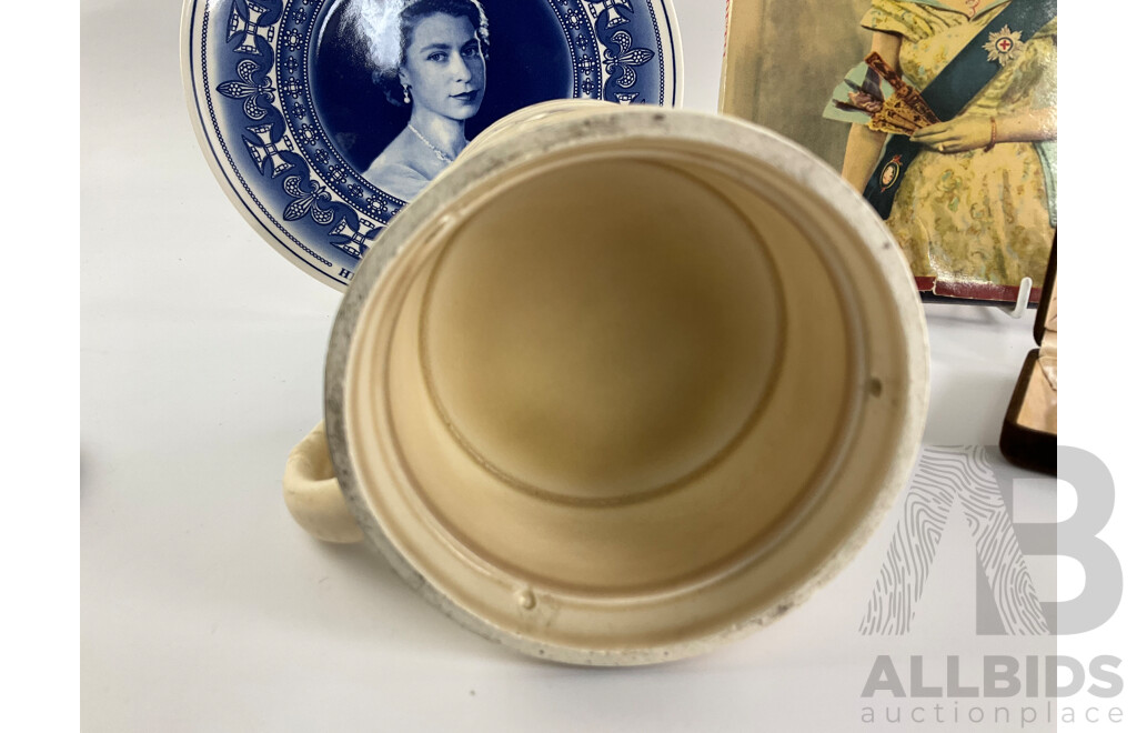 Collection of British Royals Memorabilia Including 1937 King George Sixth Coronation Mug, Wedgwood Queen Elizabeth II 50th Anniversary Coronation Plate, 1953 Wade Coronation Dish, Coronation Pin, Book and Crown Broach