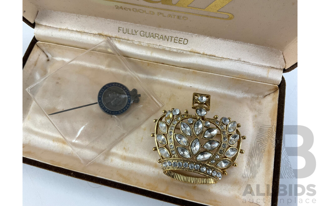 Collection of British Royals Memorabilia Including 1937 King George Sixth Coronation Mug, Wedgwood Queen Elizabeth II 50th Anniversary Coronation Plate, 1953 Wade Coronation Dish, Coronation Pin, Book and Crown Broach
